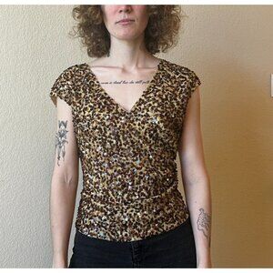 Vintage gold/brown Silk Sequin Shirt, V neck sz 8, 80s sparkly luxe glam retro